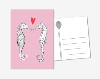 Fiesta Animal Seahorses tarjeta de felicitación / postal, Día de San Valentín, Amor, Beso, Boda, Aniversario de Matrimonio