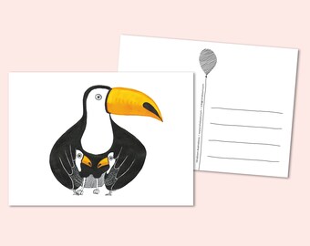 Tucán de animales de fiesta con dos bebés/gemelos. Papelería ilustrativa, anuncio de nacimiento, gemelos, bebé, tarjeta de felicitación