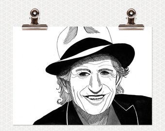 Retrato ilustrado de Keith Richards en blanco y negro - impresión A4