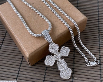 Christian Orthodox Jesus Crucifix Cross pendant chain set 925 sterling silver, necklace rolo box chain belcher