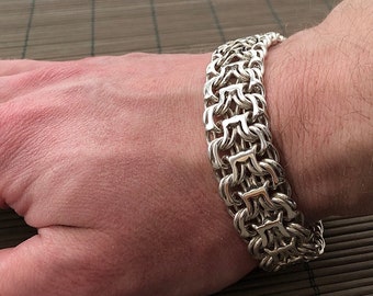 Handmade Emperor Mens Bracelet solid sterling silver double chain woven byzantine heavy wide box clasp