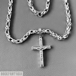 Cross necklace solid sterling silver chain with crucifix Jesus pendant set