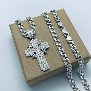 Herenketting christelijk-orthodox kruisbeeld kruis 925 sterlingzilveren hanger ketting set garibaldi bismark byzantijns