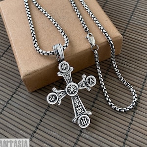 Cross 925 sterling silver pendant mens christian orthodox man necklace chain box rolo belcher