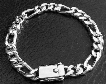 Silver mens bracelet curb solid 925 sterling silver figaro chain heavy wide links box clasp