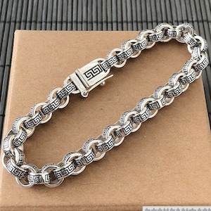 Mens bracelet chain solid 925 sterling silver rolo greek pattern