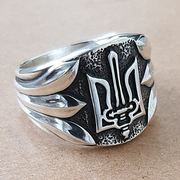 Ukrainian trident sword ring mens 925 sterling silver, coat of arms Ukraine ring,