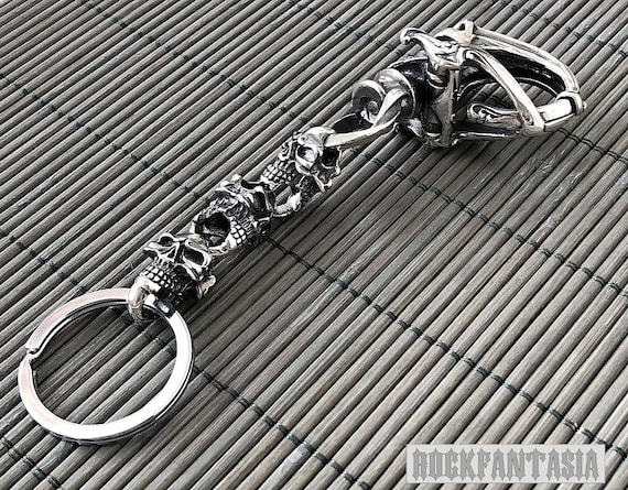 Amazing Big Skull Sterling Silver Keychain Mens Handmade