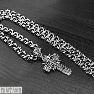 Christian Cross sterling silver Greek orthodox Jesus pendant necklace byzantine chain mens set