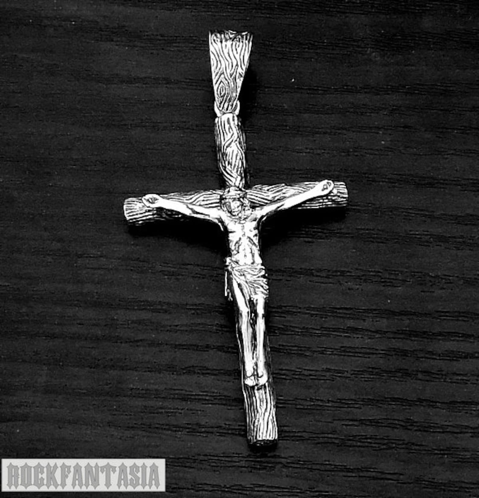Crucifix Jesus Cross Pendant 925 Sterling Silver Chain Men Boy Wood Big ...