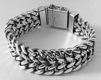 Curb herrarmbandskedja i sterlingsilver med vävd bysantinsk tung bred lådspänne