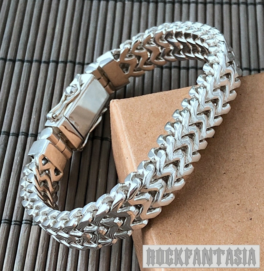 Franco Double Chain Mens Bracelet Sterling Silver Cube Curb Etsy