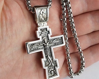 Christian Orthodox Crucifix Jesus Cross Greek 925 sterling silver pendant men, belcher box rolo chain necklace silver