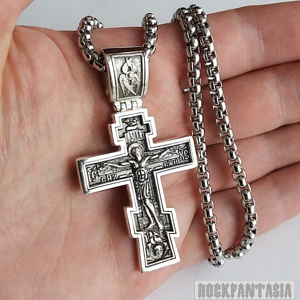 Christian Orthodox Crucifix Jesus Cross Greek 925 sterling silver pendant men, belcher box rolo chain necklace silver