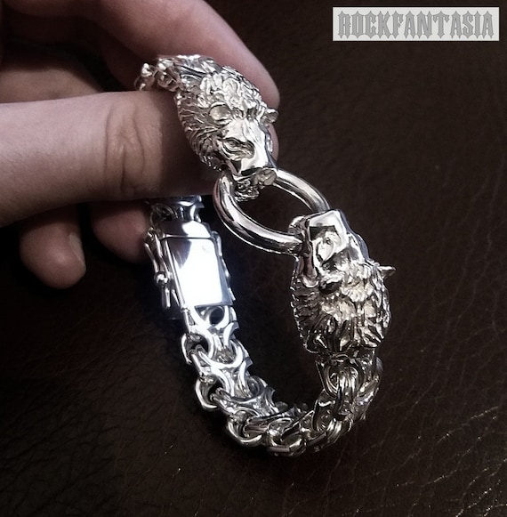 Lion Heads Men's 925 Sterling Silver Bracelet Boys Box Clasp