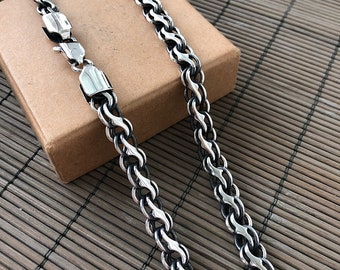 Stream geweven Byzantijnse heren massief 925 sterlingzilveren ketting, zwart geoxideerd