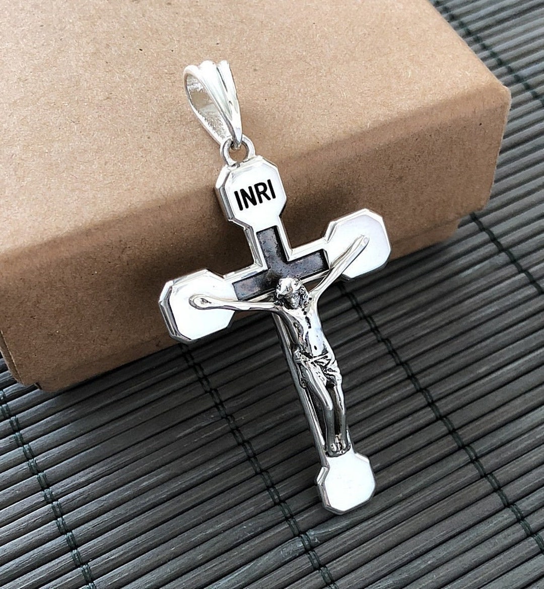 Christian Crucifix Jesus Cross Pendant Solid 925 Sterling Silver Mens ...