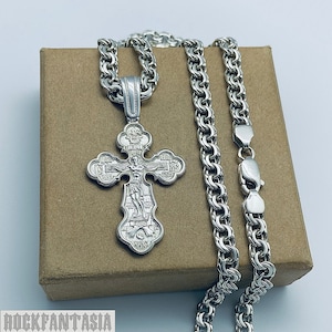 Mens chain necklace Christian Orthodox Crucifix Cross 925 sterling silver pendant chain set garibaldi bismark byzantine