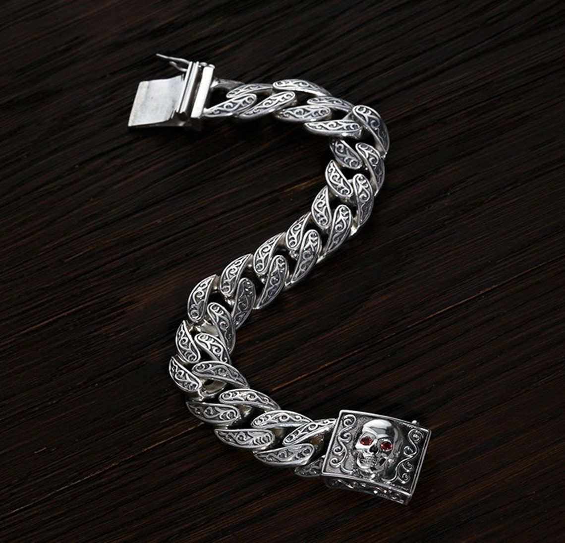 Skull Clasp Mens Curb 925 Sterling Silver Bracelet Gift Etsy
