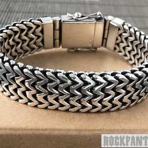 Double curb byzantine bracelet chain sterling silver box heavy wide box clasp black oxidized