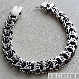 Mens bracelet chain sterling silver woven byzantine heavy wide box clasp black oxidized