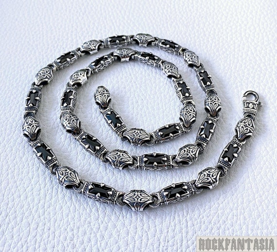 Black Stone Necklace Mens Sterling Silver 925 Chain Crown