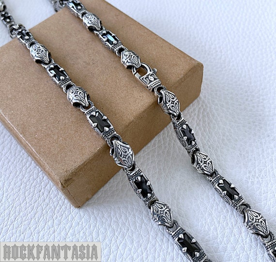 Black Stone Necklace Mens Sterling Silver 925 Chain Crown Royal 