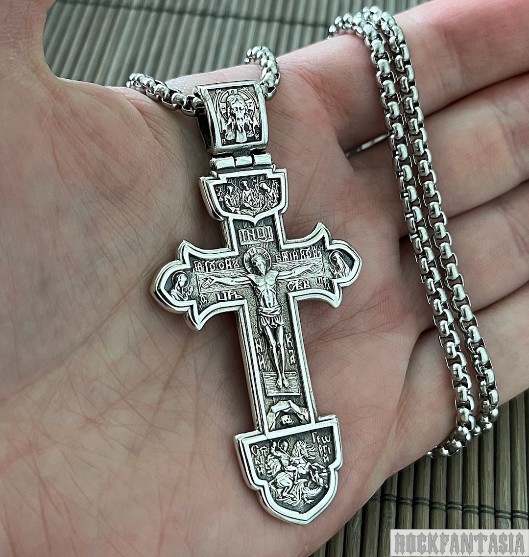 Men Russian Orthodox Cross Necklace Christian Orthodox Crucifix