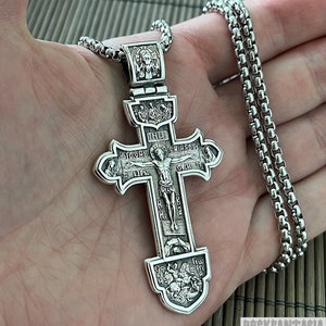 Christian Orthodox Crucifix Greek Jesus cross pendant sterling silver Saint George mens, gift chain necklace