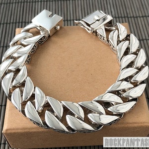 Heavy bracelet wide curb men&#39;s 925 sterling silver gift chain box clasp