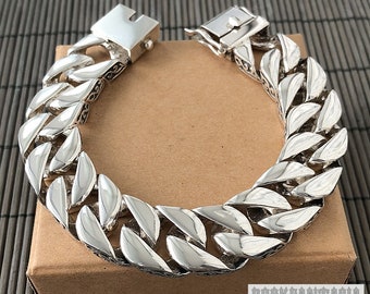 Heavy bracelet wide curb men's 925 sterling silver gift chain box clasp