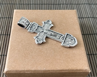 Christian Orthodox Crucifix Greek Jesus cross pendant sterling silver Saint  George mens, gift chain necklace