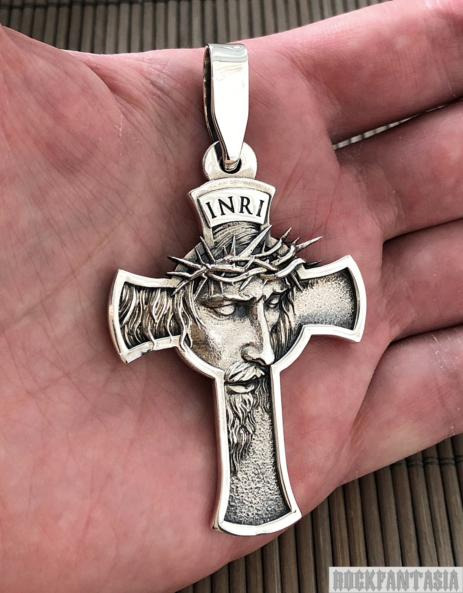 Jesus Cross Necklace Heavy Mens Solid 925 Sterling Silver Chain Curb ...