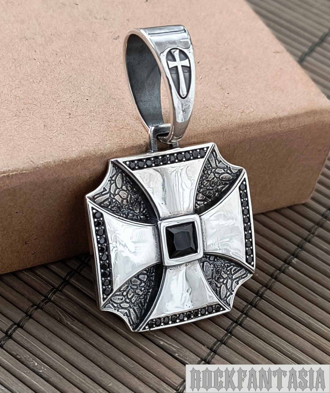 Mens Cross Pendant Solid Sterling Silver 925 With Black Stone - Etsy