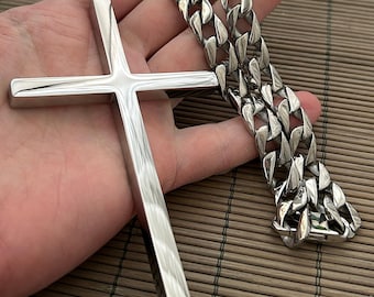 Big heavy cross pendant chain necklace mens stainless steel silver color