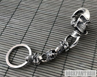 Amazing big skull sterling silver keychain mens handmade/biker skull men key chain heavy silver