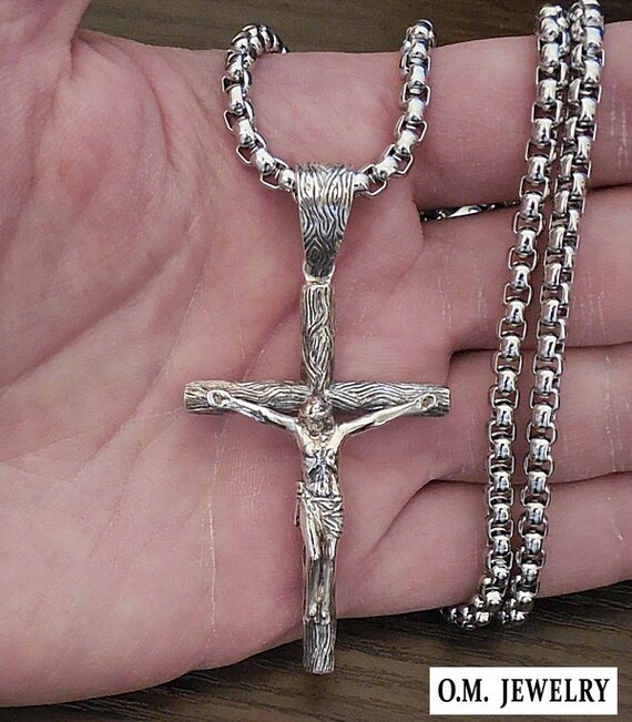 Crucifix Cross Pendant 925 Sterling Silver Chain Men Boy Wood Big Necklace Gift