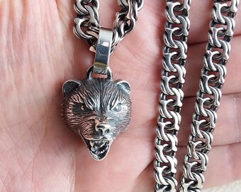 Bear head pendant 925 sterling silver pendant necklace chain woven byzantine grizzly garibaldi