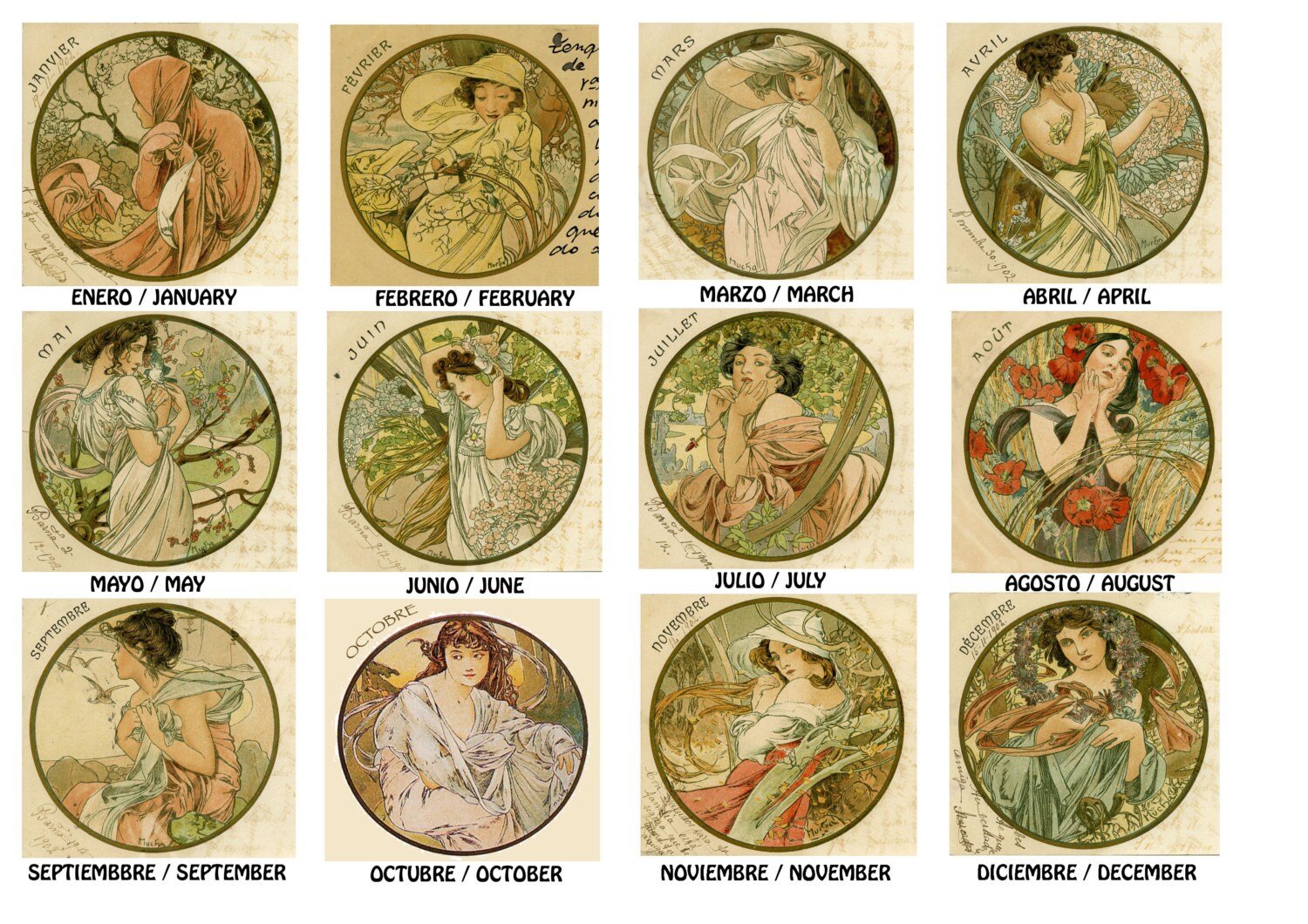 ALFONS MUCH CALENDAR Colorful Art Noveau Necklace With an Etsy