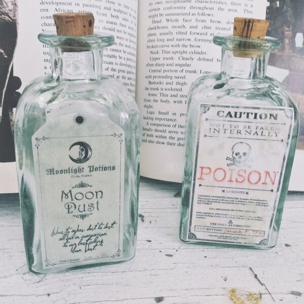 Set of 2 Vintage Apothecary Jars [ Empty Bottles ] Greenish glass bottle /Witchcraft-Pagan-Vintage label-Moon dust-Poison-Display-home decor