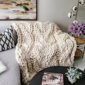 Handmade Chunky Cable Knit Merino Wool Throw Blanket. Scandinavian Farmhouse - Inspired Home Decor. Cozy Gift Idea For Home