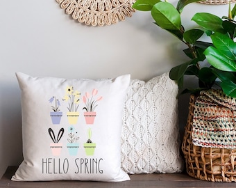 Hello Spring Farmhouse Easter throw cushion cover with/without insert  - Floral back pattern