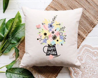 Happy Spring Quote decorative pillow cover in natural beige with or without insert - Floral back pattern cushion case