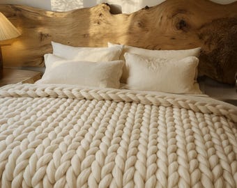 Ivory Chunky Knit Blanket | Merino Wool Bed Throw, Scandinavian Decor