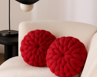Chunky Knit Red Wool Pillow | Handwoven Round Cushion Pair
