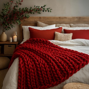 Red Chunky Knit Blanket – Cozy Christmas Gift for Her, Mom, Family, Wife – Merino Wool Throw – Handmade Holiday Home Decor Gift for Boss