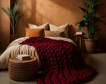 Burgundy Chunky Knit Blanket – Handmade Throw, Hygge Home Decor