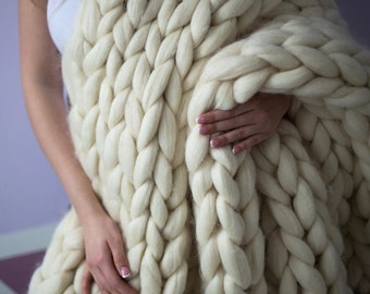 Hand knitted chunky merino wool blanket, arm knit throw. The Expecting Mum Gift