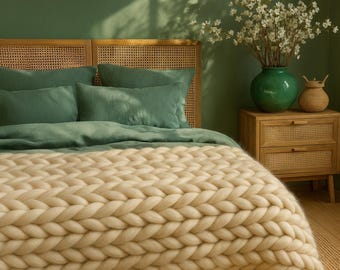 Cream Chunky Knit Blanket – Jumbo Merino Wool, Handmade Bed Throw