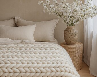 Handmade Ivory Chunky Knit Blanket – Eco-Friendly Merino Wool Throw